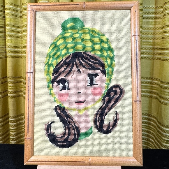 Vintage 1970s needlework art, Girl with Green Hat, faux bamboo wood framed - Picture 1 of 4